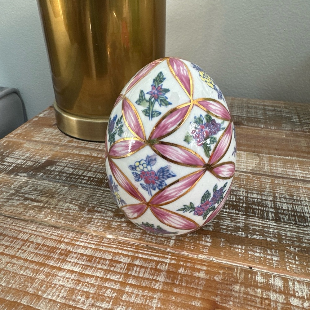 Vintage Decorative Egg Figurine Hand Painted Floral Gold Detail Pink Ribbon